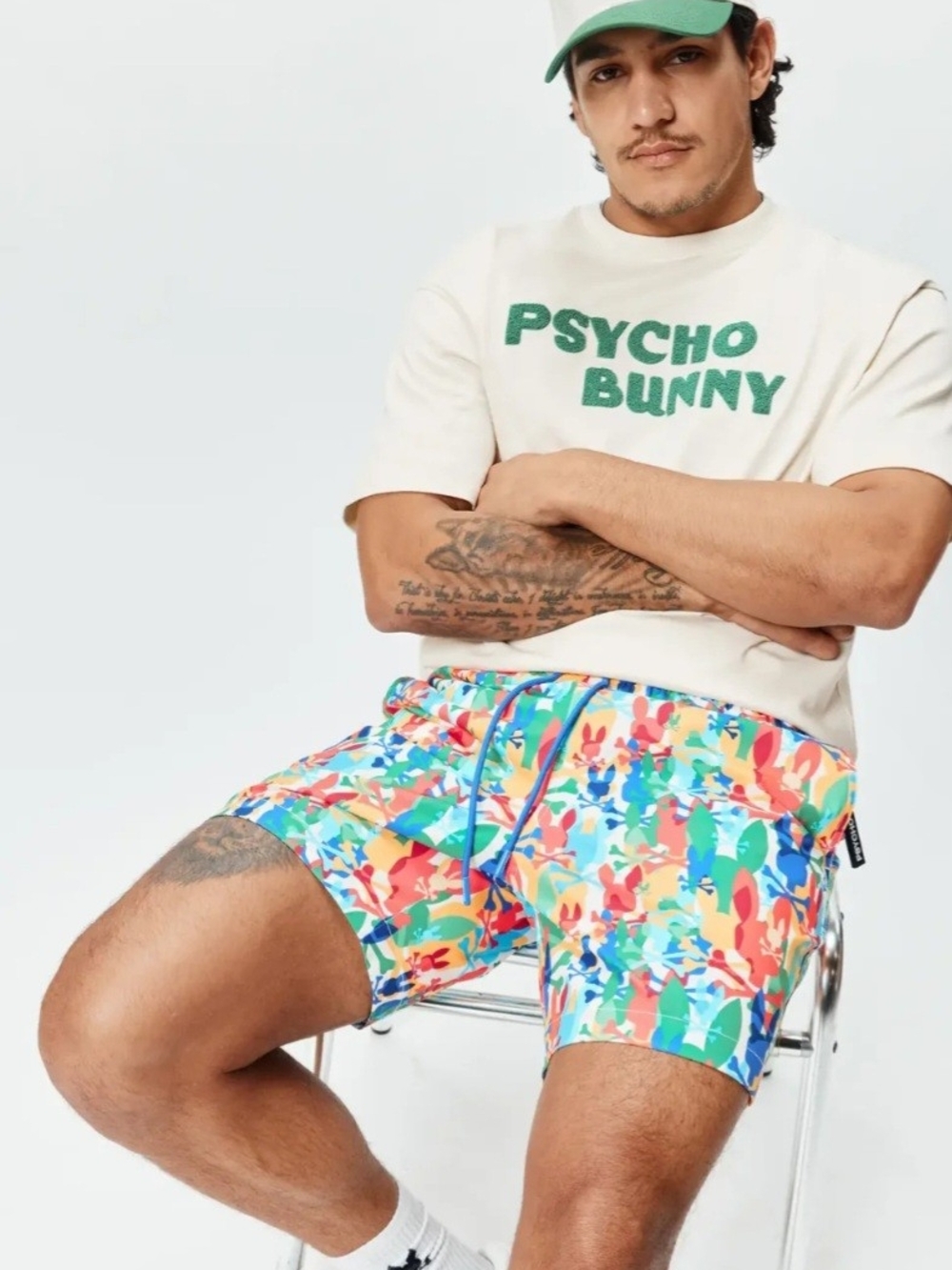 Psycho Bunny White Tee with Multicolor Bunny Graphic And Swim Trunks. NWT. Box - Picture 3 of 6